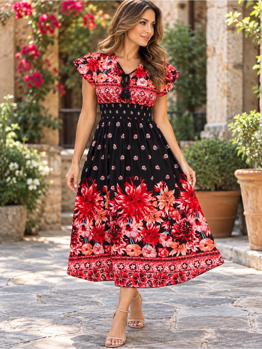 🌙✨🆕🏷️Floral Maxi Dress in Black & Red Size Medium New